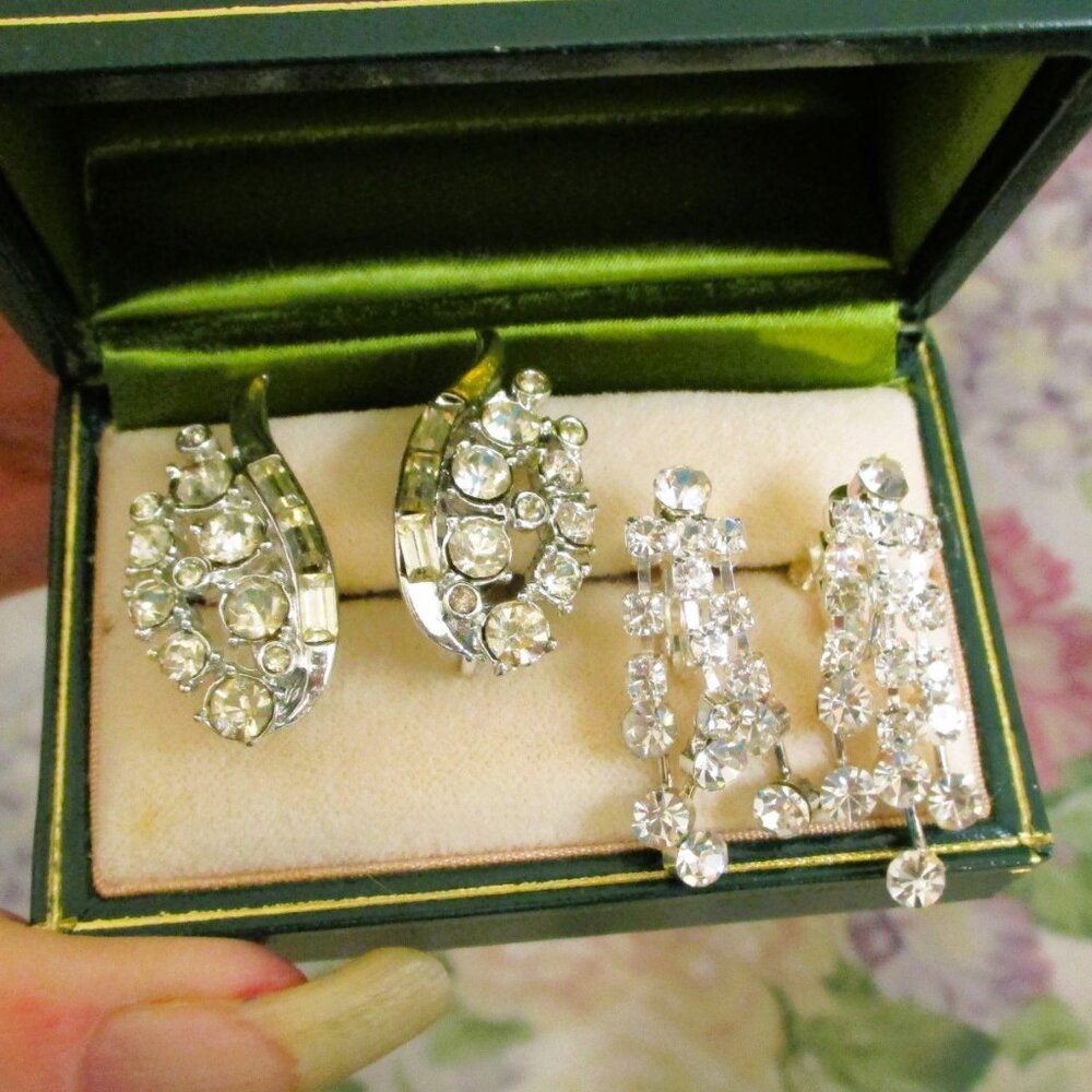 VINTAGE Clear Crystal Rhinestone Clip Earrings Lot~ High-End Statement Earrings